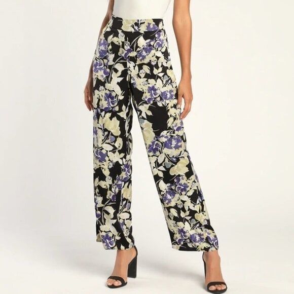 Lulu's Women Black Satin Floral High-Waisted Wide-Leg Pants Large NEW - Picture 4 of 4